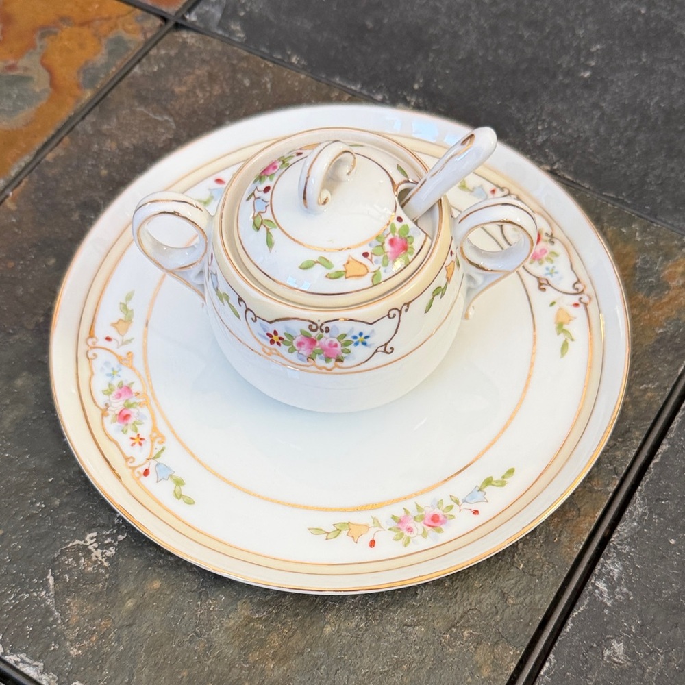 Vintage Nippon hand painted Floral Porcelain Sugar Bowl and Saucer - White Pink